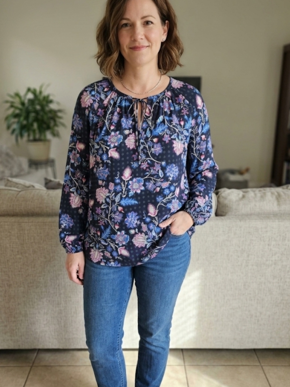 LOFT Navy Floral Tie-Front Long Sleeve Blouse
